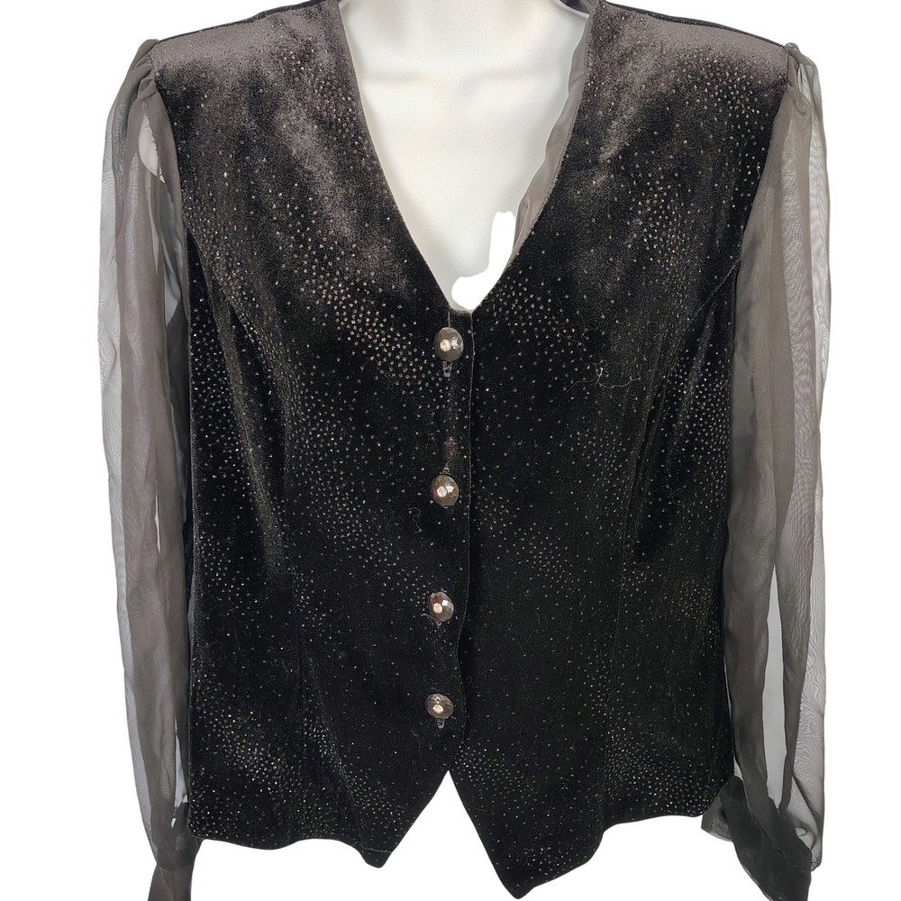 Another Thyme Vintage Black Velvet Sheer Sleeve Glitter Evening Blouse Top‎